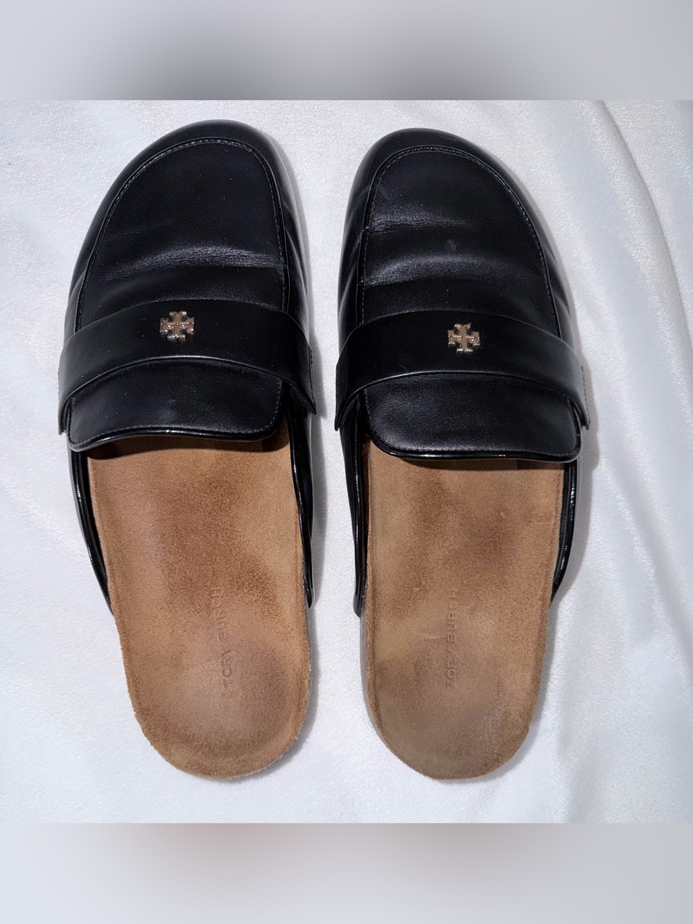 Tory Burch Everly Black Leather Cork Mules with Gold Logo - Picture 2 of 4